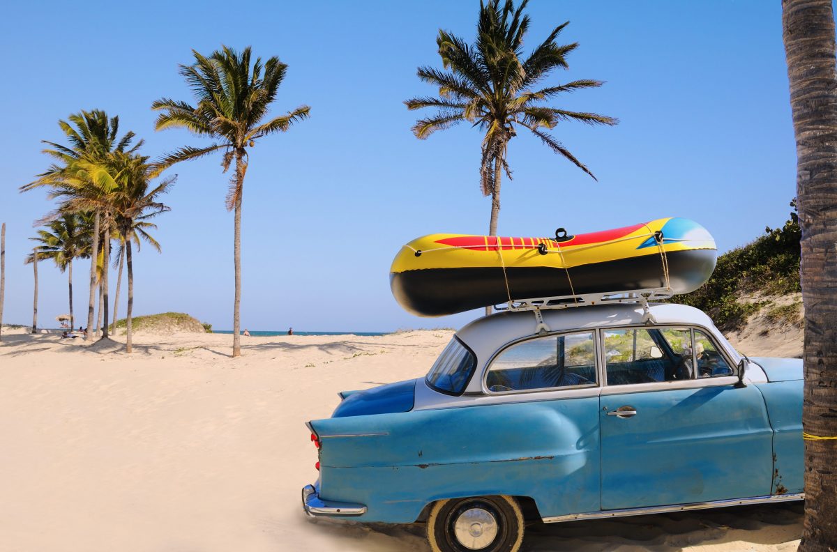 Collage of Cuban landscapes, classic cars, and culture